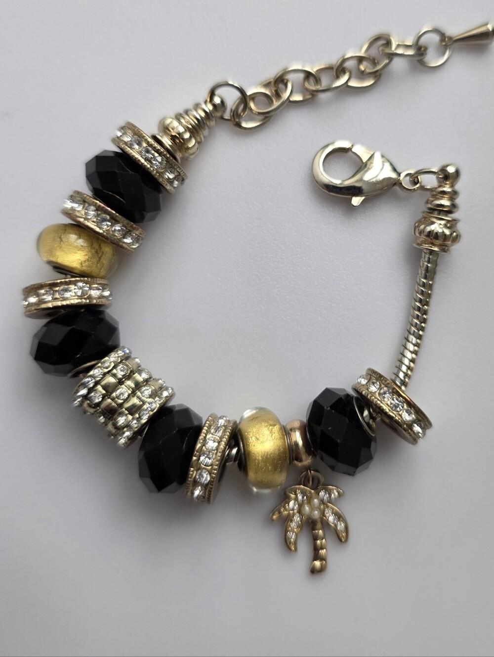 BELLA PERLINA Gold/Black Crystals Palm Treen European Style Charm Bracelet 
